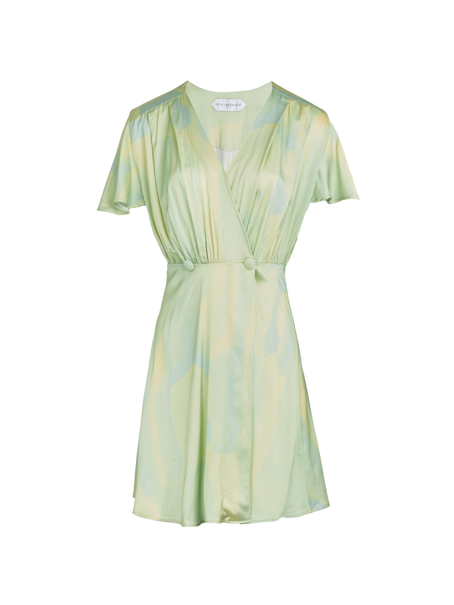 Fête Impériale Robe DENISE - Robe courte cache-cœur en satin de viscose imprimé Tie & Dye Vert 