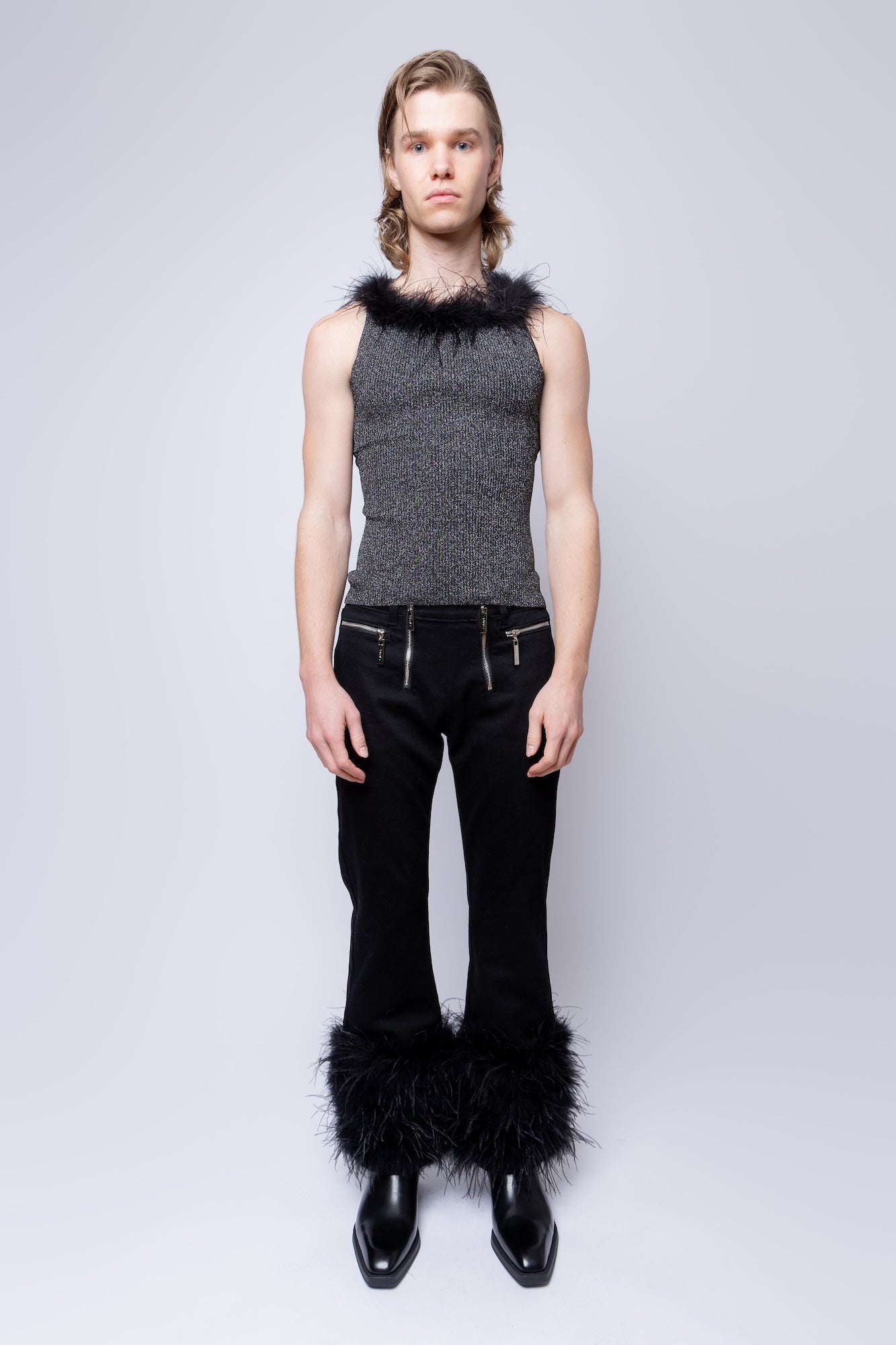 FANG Top Lurex Square Neck Feather Tank 