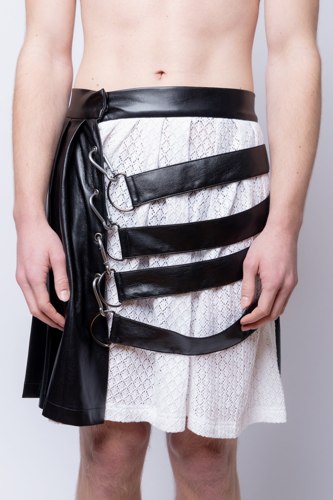 FANG  Pointelle/Leather Mix Media Midi Skirt 